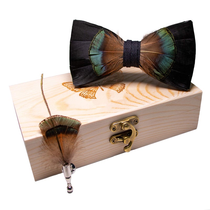 RBOCOTT Feather Pre-tied Bow tie Leather Bowtie and Brooch Sets for Men(8) - Image 2