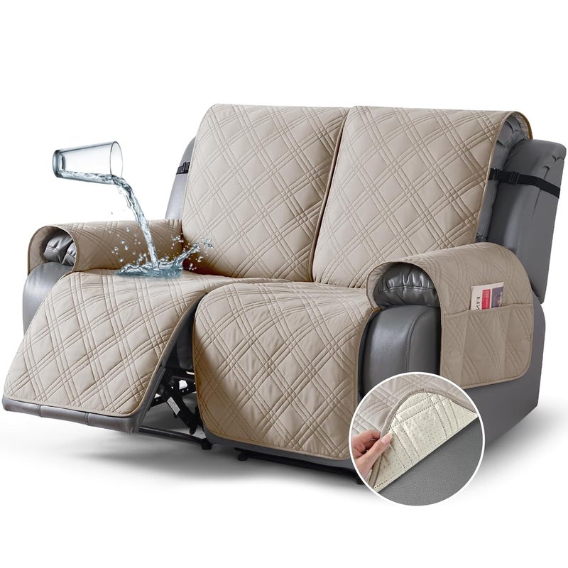 TAOCOCO 100 Waterproof Loveseat Recliner Cover Non Slip Split Recliner Couch Cover with Elastic Straps Pocket Washable Reclining Sofa Cover Furniture Protector for Kids Dogs Pets2 SeaterCream - Image 1