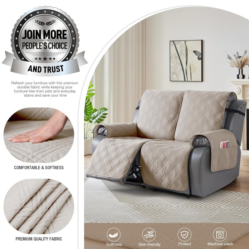 TAOCOCO 100 Waterproof Loveseat Recliner Cover Non Slip Split Recliner Couch Cover with Elastic Straps Pocket Washable Reclining Sofa Cover Furniture Protector for Kids Dogs Pets2 SeaterCream - Image 2