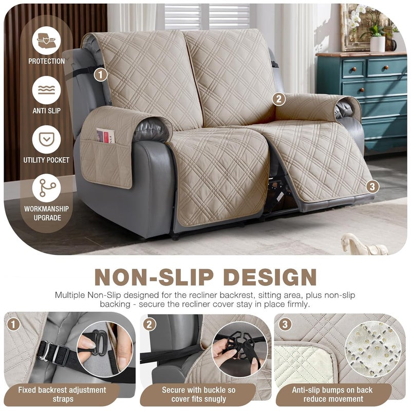 TAOCOCO 100 Waterproof Loveseat Recliner Cover Non Slip Split Recliner Couch Cover with Elastic Straps Pocket Washable Reclining Sofa Cover Furniture Protector for Kids Dogs Pets2 SeaterCream - Image 4