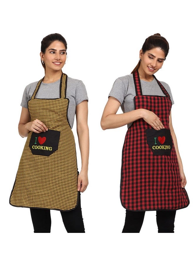 JMi Cotton Checkered Design Waterproof Apron with Multipurpose Front Large Embroidered Pocket Pack of 2 (W RED YELLOW) - Image 1