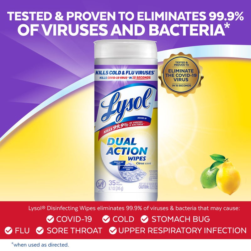 Lysol Dual Action, Disinfecting Wipes, Citrus, Blue 35Ct - Image 2