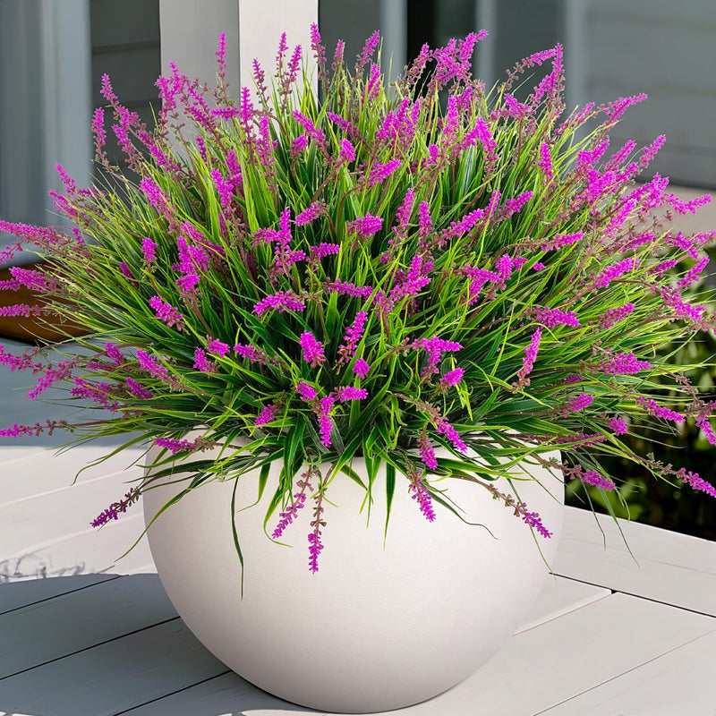 Ammyoo Artificial Flowers Faux Plants for Outdoor Decoration 12 Bundles Fake Monkey Grass for Home Garden Front Porch Balcony Lavender Flowers Shrubs UV Resistant No Fade Greenery Bush Planter Lotus - Image 2
