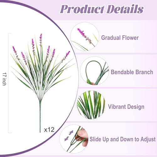 Ammyoo Artificial Flowers Faux Plants for Outdoor Decoration 12 Bundles Fake Monkey Grass for Home Garden Front Porch Balcony Lavender Flowers Shrubs UV Resistant No Fade Greenery Bush Planter Lotus - Image 3