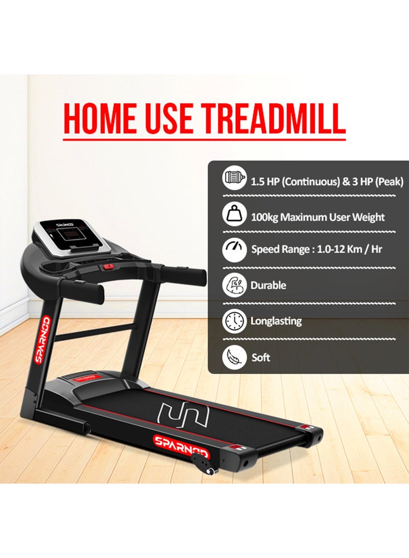Sparnod Fitness جهاز مشي Sparnod Fitness STH-1250 (3 Hp Peak) أوتوماتيكي بمحرك للاستخدام المنزلي | السرعة 12 كم/ساعة | الحد الأقصى لوزن المستخدم 100 كجم | المنحدر اليدوي | مساعدة فيديو التثبيت | الضمان 1 سنة - Image 3