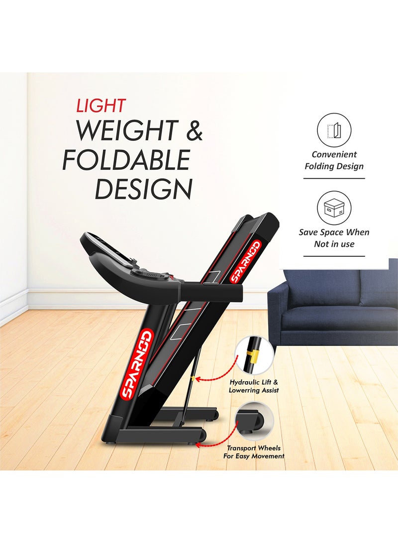 Sparnod Fitness جهاز مشي Sparnod Fitness STH-1250 (3 Hp Peak) أوتوماتيكي بمحرك للاستخدام المنزلي | السرعة 12 كم/ساعة | الحد الأقصى لوزن المستخدم 100 كجم | المنحدر اليدوي | مساعدة فيديو التثبيت | الضمان 1 سنة - Image 5