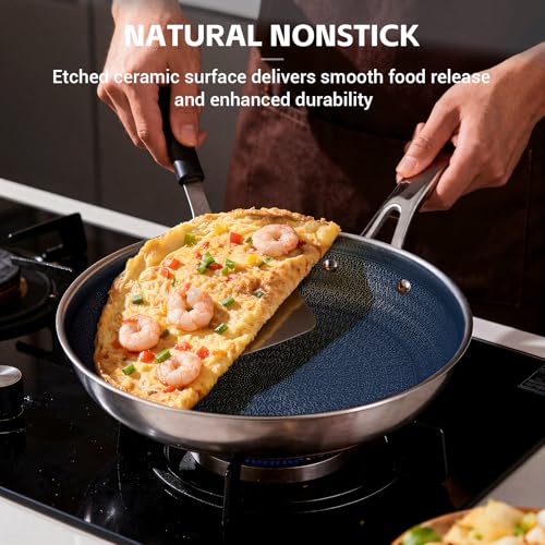 Ammeloo Hybrid Tri-Ply Stainless Steel Frying Pan Set, 8"/9.5"/11" Cooking Pans, Non Stick Frying Pans and Skillets, Chef Pan, Non Toxic, Dishwasher Safe, Induction Compatible, Blue Interior - Image 3