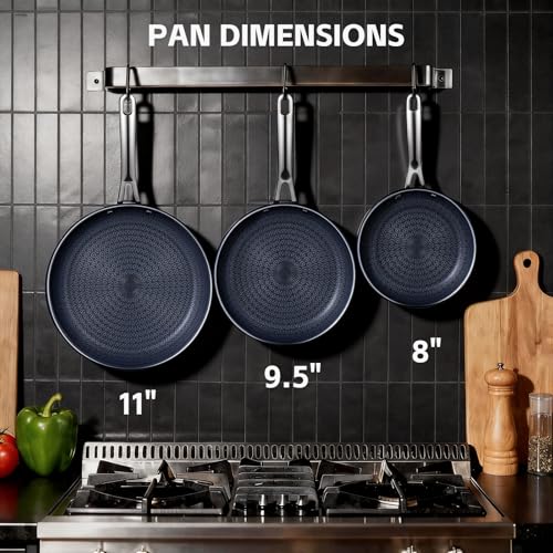 Ammeloo Hybrid Tri-Ply Stainless Steel Frying Pan Set, 8"/9.5"/11" Cooking Pans, Non Stick Frying Pans and Skillets, Chef Pan, Non Toxic, Dishwasher Safe, Induction Compatible, Blue Interior - Image 2