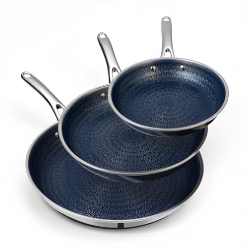 Ammeloo Hybrid Tri-Ply Stainless Steel Frying Pan Set, 8"/9.5"/11" Cooking Pans, Non Stick Frying Pans and Skillets, Chef Pan, Non Toxic, Dishwasher Safe, Induction Compatible, Blue Interior - Image 1