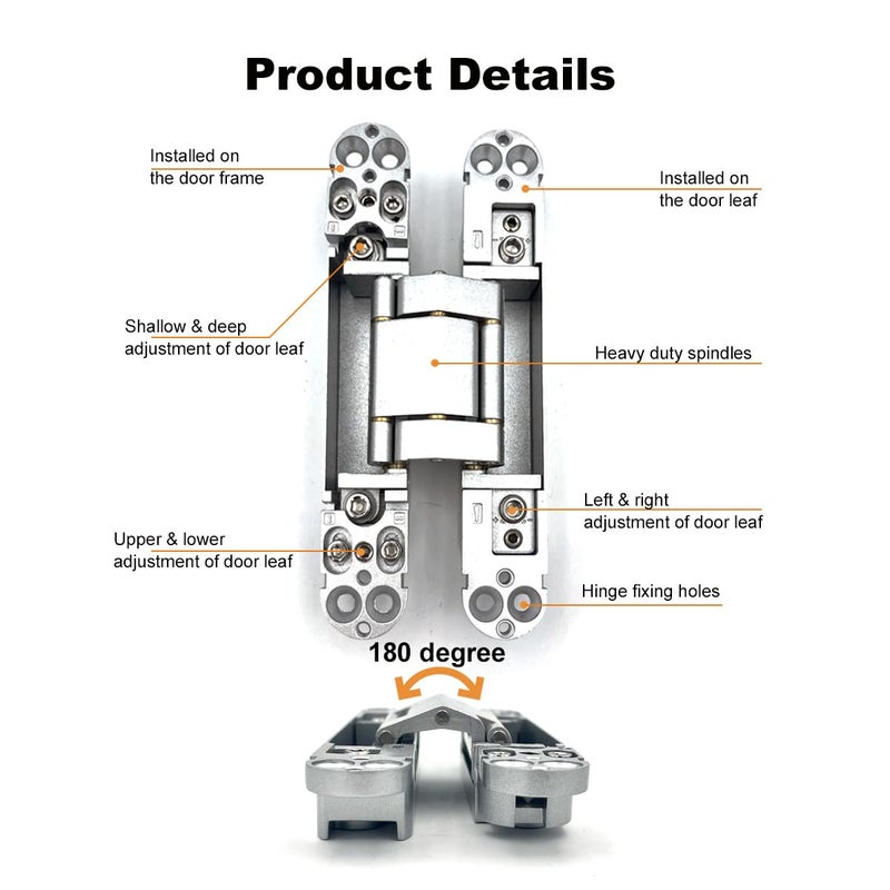Voluka 2 Pack Hidden Door Hinges  6 Inch 3-Way Adjustable Concealed Hinges Zinc Alloy 180 Degree Swing Invisible Door Hinges (Silver) - Image 2
