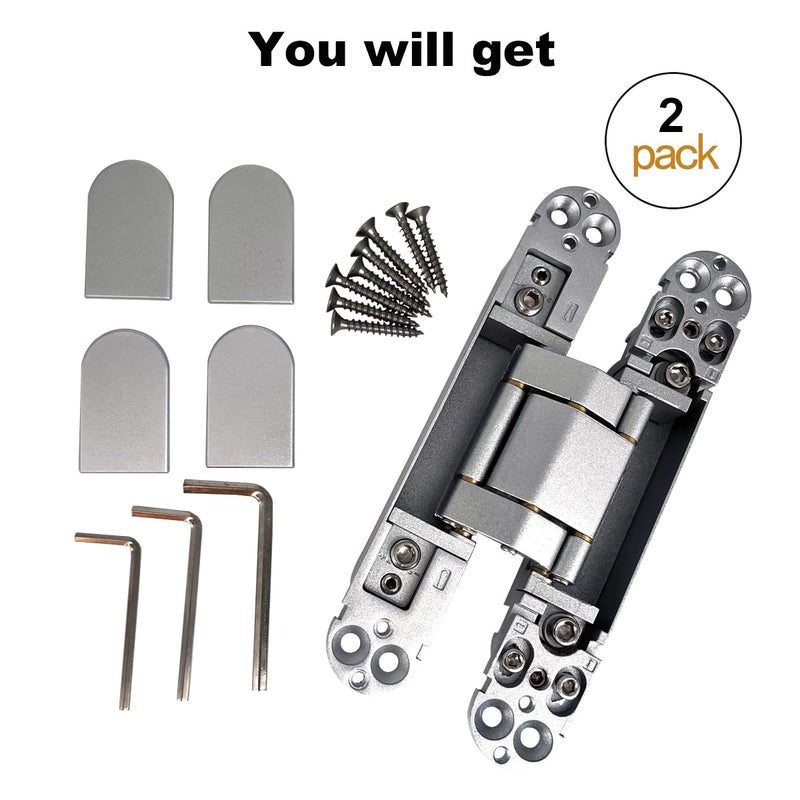 Voluka 2 Pack Hidden Door Hinges  6 Inch 3-Way Adjustable Concealed Hinges Zinc Alloy 180 Degree Swing Invisible Door Hinges (Silver) - Image 5