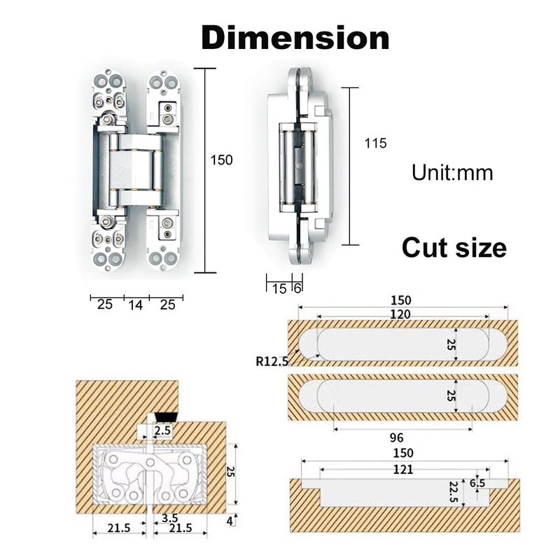 Voluka 2 Pack Hidden Door Hinges  6 Inch 3-Way Adjustable Concealed Hinges Zinc Alloy 180 Degree Swing Invisible Door Hinges (Silver) - Image 4