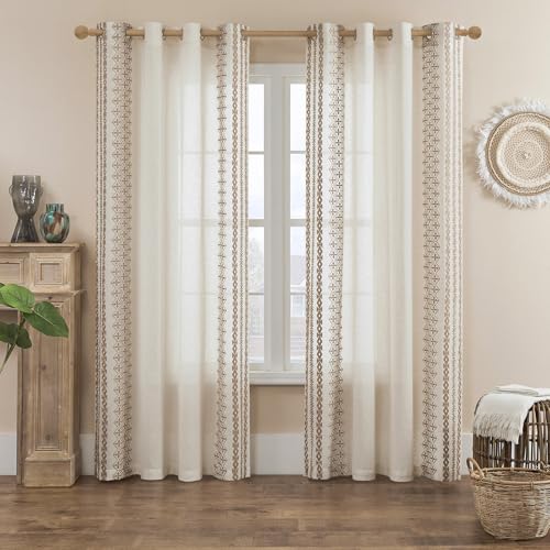 FOLKSIDE Boho Curtains 84 Inches Long 2 Panels set for Living Room Bedroom Grommet Natural Linen Semi Sheer Bohemian Curtains Rustic Embroidered Drapes Neutral Farmhouse Decor, 52x84 Inch Length, Taupe - Image 1