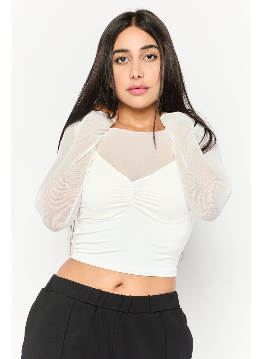 Bershka Women Round Neck Long Sleeve Plain Top, White  - Image 1