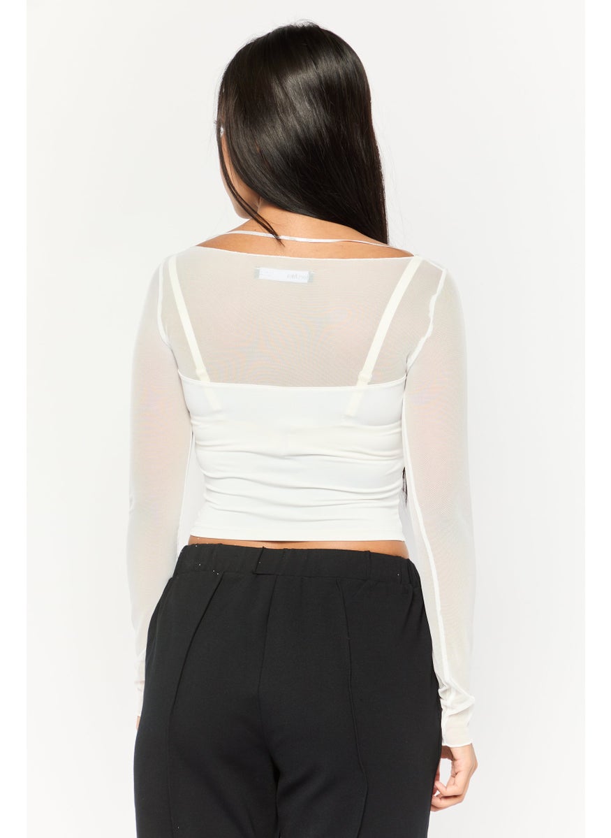 Bershka Women Round Neck Long Sleeve Plain Top, White  - Image 4