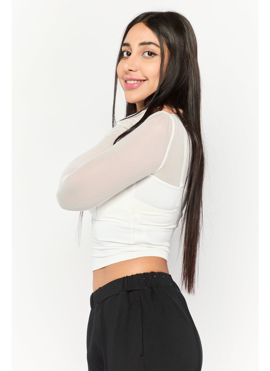 Bershka Women Round Neck Long Sleeve Plain Top, White  - Image 3