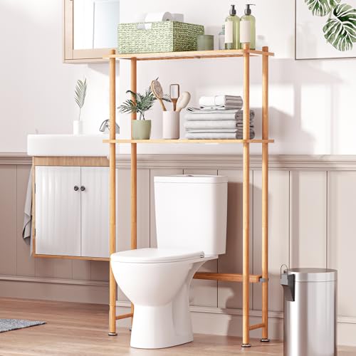 AmazerBath Bamboo Over The Toilet Storage Shelf 2Tier Over Toilet Organizer Rack Freestanding Above Toilet Shelf for Bathroom Laundry Space Saver Natural Color