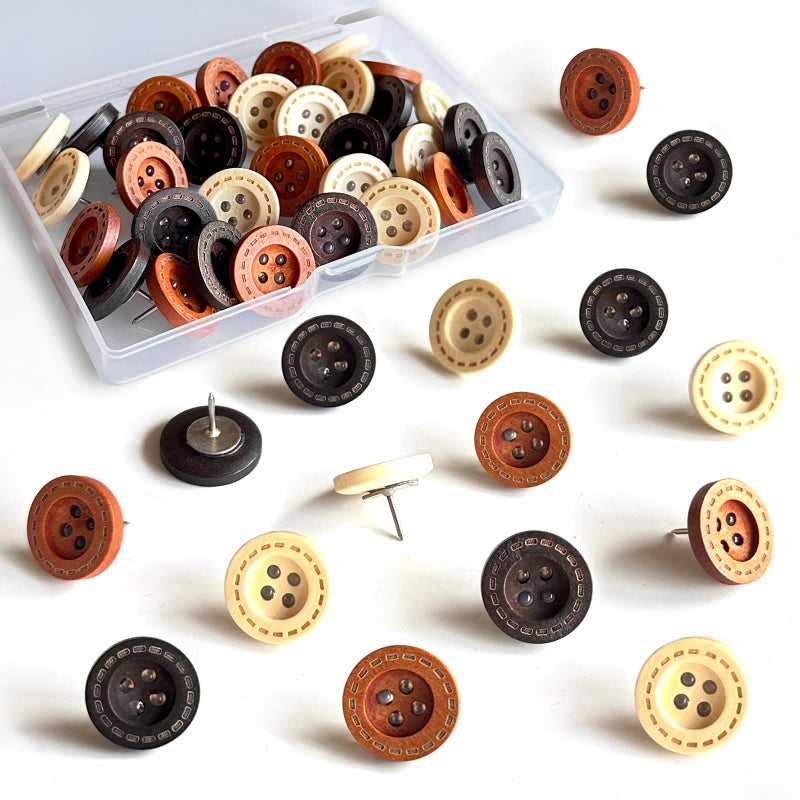 KEYDUACU 30 pcs - Vintage Wooden Pins,Decorative Push Pins, Cute Button Studs for Bulletin Boards, Cork Boards and Walls (30Pcs - Buttons) - Image 1