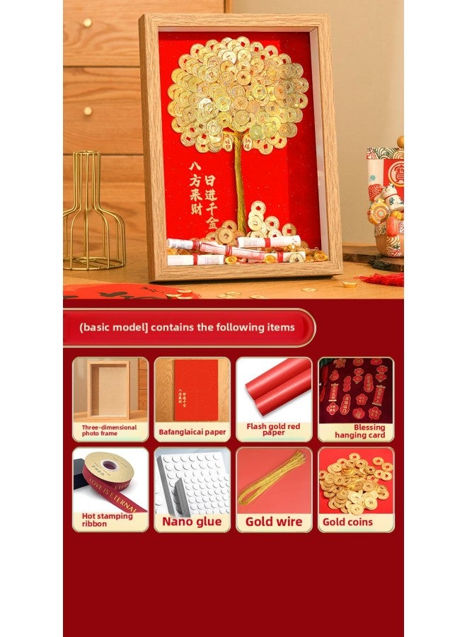 Ge Qiang Fortune Tree Diy Photo Frame 50 Cents Coin Decoration Move Opening Wedding Year Gift Ornaments Material Bag-Color:A4 Hanging + Gift Recommendation [color Paper + Ribbon + Hanging Card + Gift Box] - Standard Model: Including Gold Coin (both Parties Have A Fortune Background + Photo Frame + Trunk + Nano Dot Glue) - Image 1