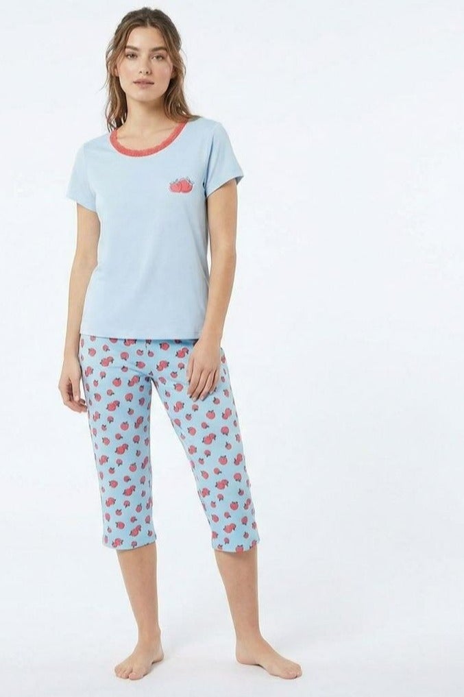 Women's Pyjama Set, Light Blue, Short Sleeve Top with Strawberry Print Capri Trousers Code 3539