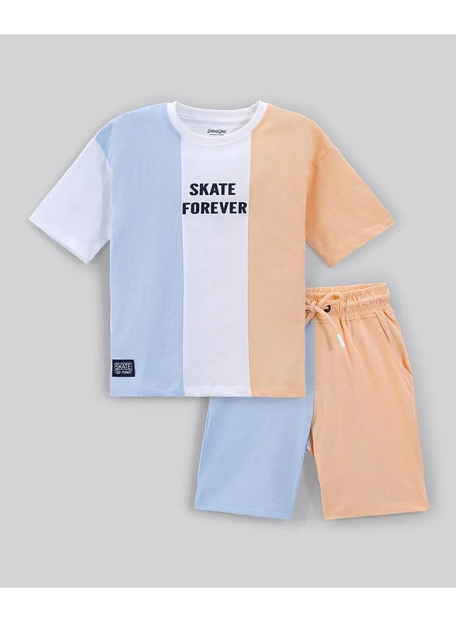Primo Gino Primo Gino 100% Cotton Color Block Half Sleeves Skate Forever Graphic  T-Shirt & Shorts Co-ords Set - Blue/Peach