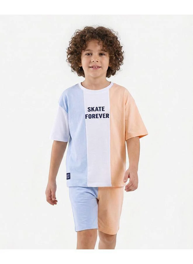 Primo Gino Primo Gino 100% Cotton Color Block Half Sleeves Skate Forever Graphic  T-Shirt & Shorts Co-ords Set - Blue/Peach