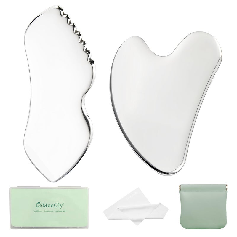 LeMeeOly 2Pcs Gua Sha Facial Tools Stainless Steel Detailer GuaSha Set for Face Neck Natural Skin Care Metal Gua Sha Lymphatic Drainage Face Massage Tool Gift for Women