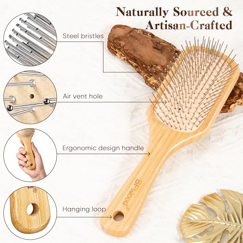 BFWood Bamboo Hair Brush with Steel Bristles, Help Hair Growth and Massaging Scalp - Image 3