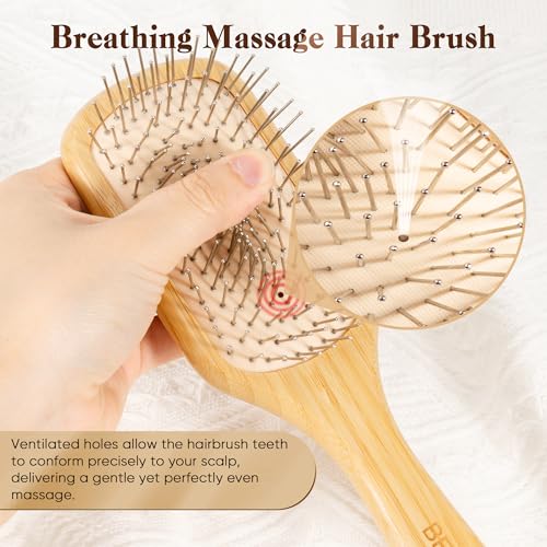 BFWood Bamboo Hair Brush with Steel Bristles, Help Hair Growth and Massaging Scalp - Image 2