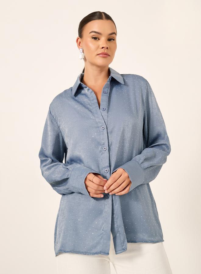 Styli Embellished Collared Long Sleeves Oversized Shirt  - Image 3