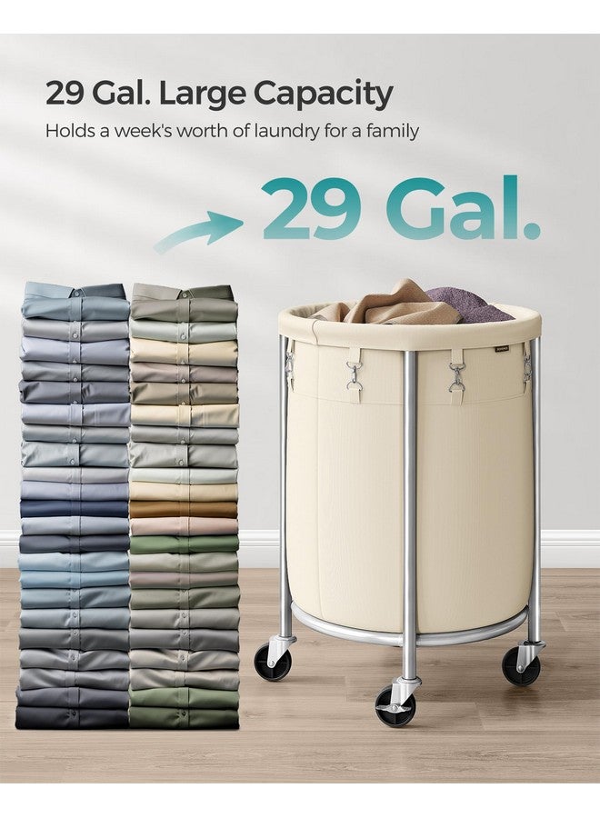 SONGMICS SONGMICS Laundry Basket with Wheels, Rolling Laundry Hamper, 29 Gal., Round Laundry Cart with Steel Frame and Removable Bag, 4 Casters and 2 Brakes, Cream and Silver URLS002W01 - Image 2