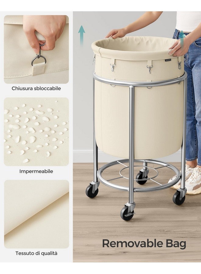 SONGMICS SONGMICS Laundry Basket with Wheels, Rolling Laundry Hamper, 29 Gal., Round Laundry Cart with Steel Frame and Removable Bag, 4 Casters and 2 Brakes, Cream and Silver URLS002W01 - Image 4
