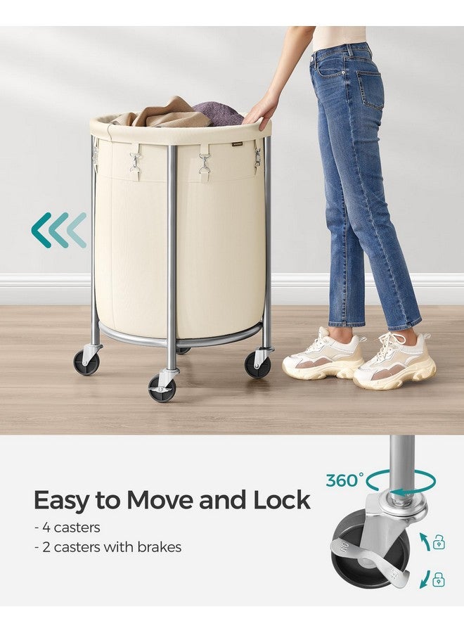SONGMICS SONGMICS Laundry Basket with Wheels, Rolling Laundry Hamper, 29 Gal., Round Laundry Cart with Steel Frame and Removable Bag, 4 Casters and 2 Brakes, Cream and Silver URLS002W01 - Image 3