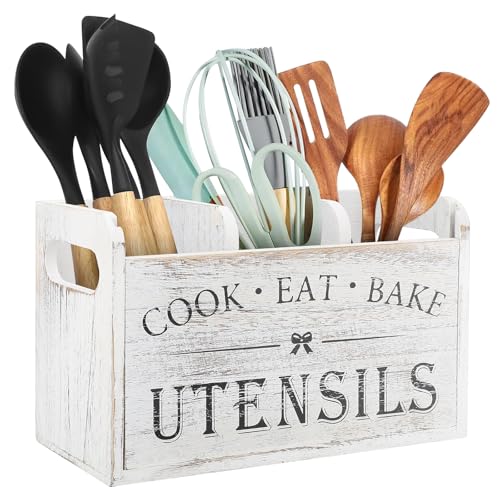 EEEKit Utensils Holder Wooden Cooking Utensil Organizer with 3 Compartments and Drainage Bottom for Countertop Decor White - Image 1