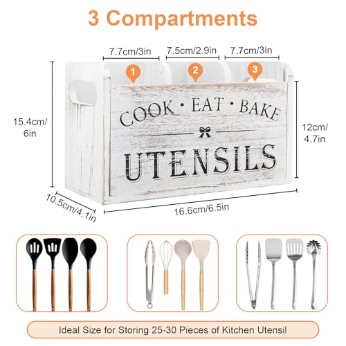 EEEKit Utensils Holder Wooden Cooking Utensil Organizer with 3 Compartments and Drainage Bottom for Countertop Decor White - Image 3