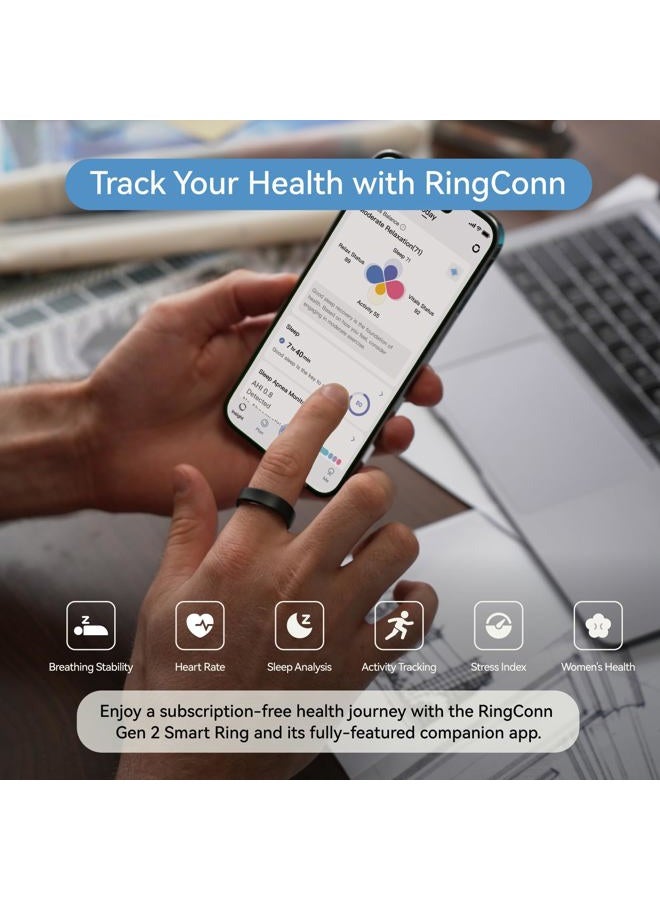 RingConn Gen 2, World's First Smart Ring with Sleep Apnea Monitoring, No APP Subscription, 12-Day Battery Life, Stress/Heart Rate/Women's Health Tracker, Android & iOS Compatible (Black, Size 14) - Image 3