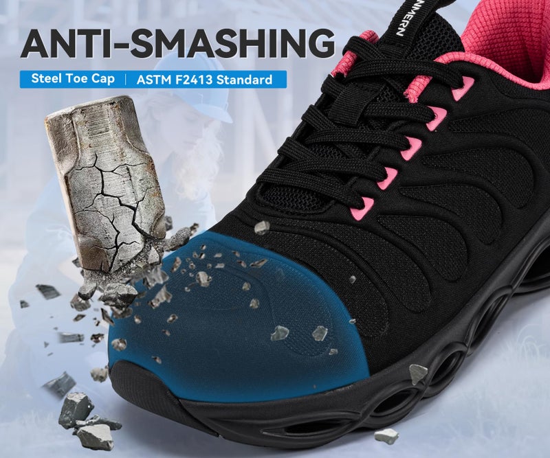 LARNMERN Steel Toe Shoes for Women Lightweight Safety Shoes Sneakers Comfortable Steel Toe Sneakers Work Colorful Breathable Fashionable Footwear (6, Dark Rose) - Image 4