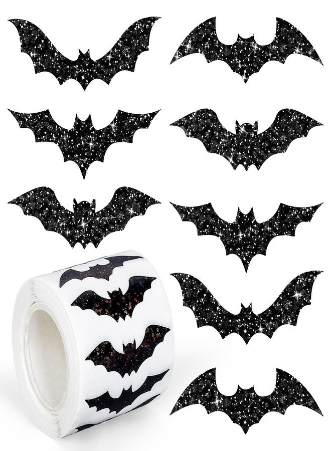 Whaline Halloween Bats Stickers Roll Laser Black Bats Shape Waterproof Decals 5 Designs Sparkly Self-Adhesive Stickers for Halloween Party Envelope Scrapbook Decor, 500Pcs - Image 1