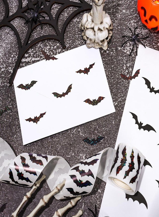 Whaline Halloween Bats Stickers Roll Laser Black Bats Shape Waterproof Decals 5 Designs Sparkly Self-Adhesive Stickers for Halloween Party Envelope Scrapbook Decor, 500Pcs - Image 3