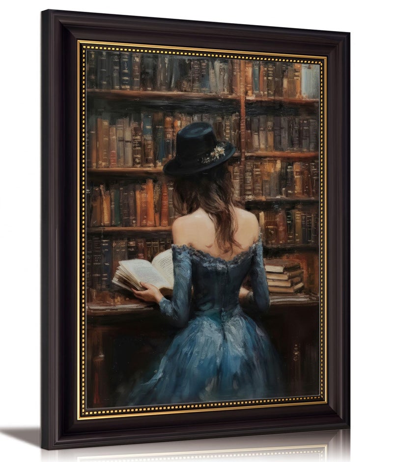 MHYIDUT Vintage dark brown Framed Victoria Woman Reading Books Canvas Wall Art Dark Academy Style Wall Decor Picture Vintage Portraits Poster Print Painting for Books Lovers Library Home Decorate - Image 1