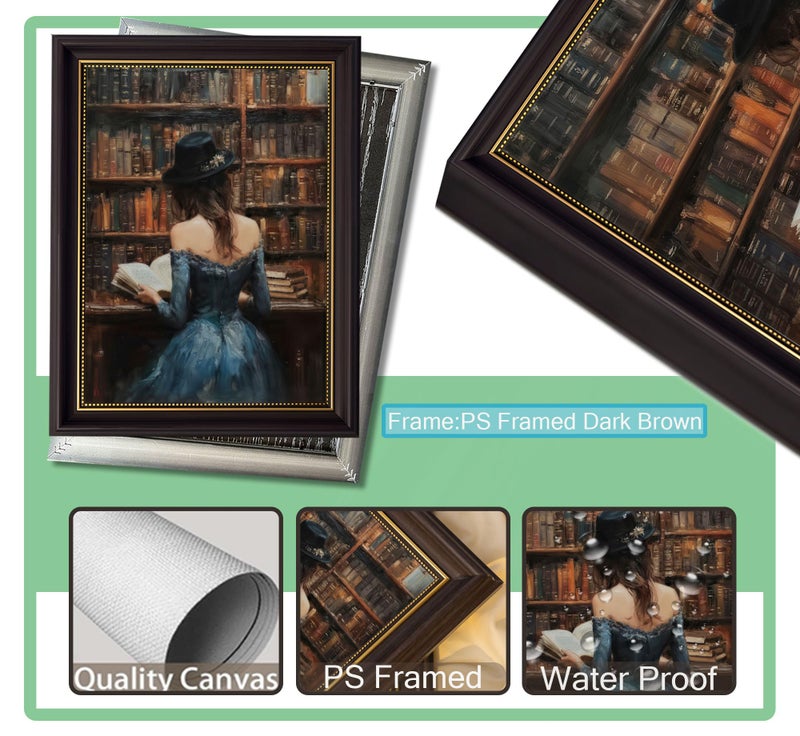 MHYIDUT Vintage dark brown Framed Victoria Woman Reading Books Canvas Wall Art Dark Academy Style Wall Decor Picture Vintage Portraits Poster Print Painting for Books Lovers Library Home Decorate - Image 3