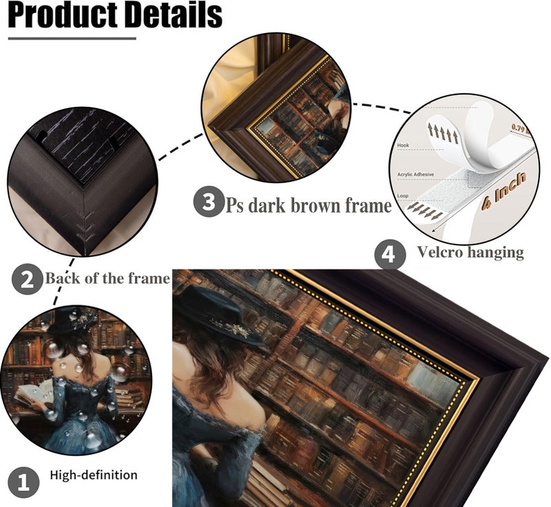 MHYIDUT Vintage dark brown Framed Victoria Woman Reading Books Canvas Wall Art Dark Academy Style Wall Decor Picture Vintage Portraits Poster Print Painting for Books Lovers Library Home Decorate - Image 5