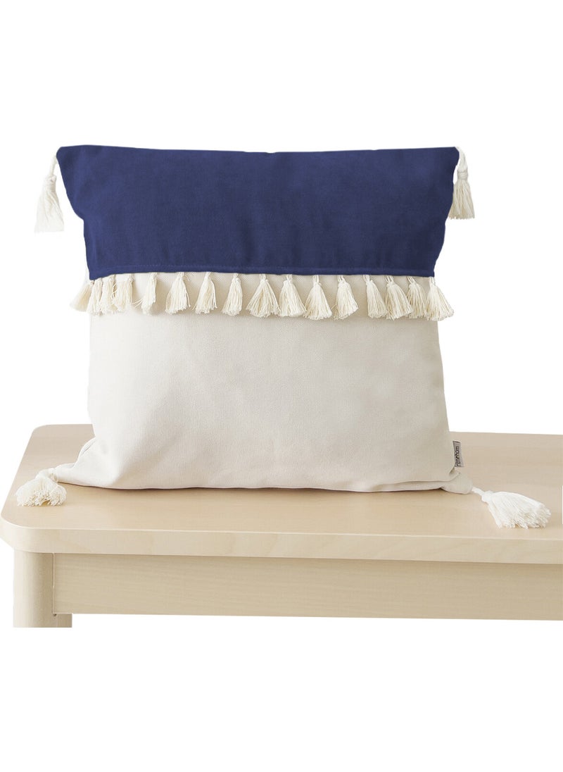 Ritmo Home Tasseled Fringed Scandinavian Throw Pillow Cover Cream Navy Blue  - Image 1
