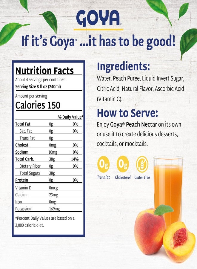 Goya Peach Nectar Juice, Pack of 2 (33.8 oz Bottles) Sweet and Juicy Tropical Drink, Perfect for Smoothies, Cocktails, Mocktails and Everyday Refreshment - Image 5