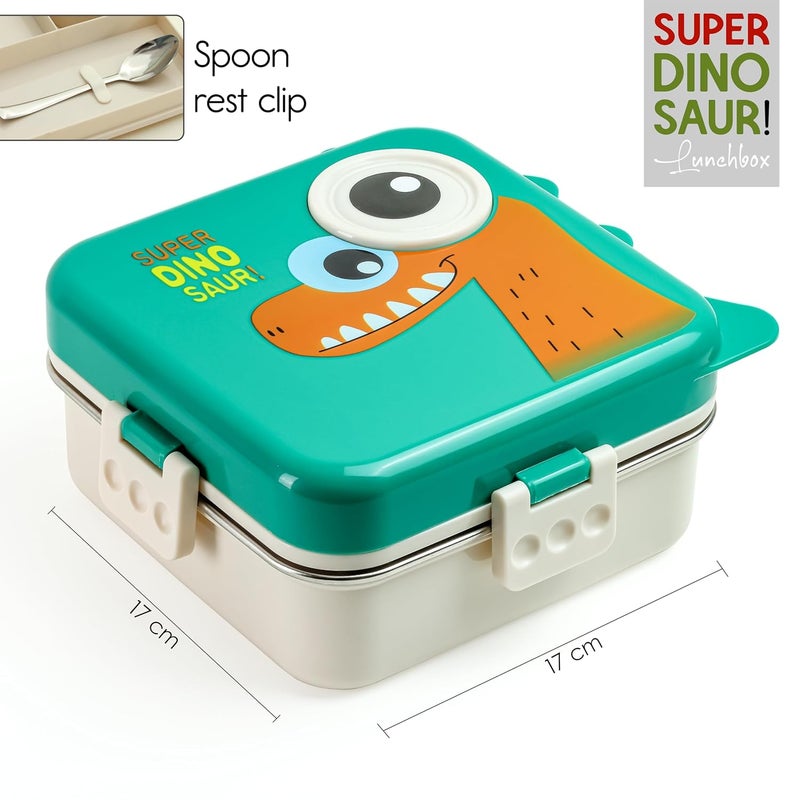 Tec Tavakkal صندوق غداء للأطفال ديناصور أخضر سوبر – علبة تيفين معزولة من الفولاذ المقاوم للصدأ للمدرسة مع ملعقة، خالية من BPA | علبة بنتو مقاومة للتسرب مع صينية وحاوية | 1120 مل + 70 مل (ديناصور، أخضر) - Image 5