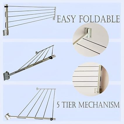 Shivansh Collection Metal Heavy Duty Wall Mounted Foldable Easy Pull and Foldable Dry Cloth Drying Stand for Balcony Room Hanger Rack Multicolor - Image 4
