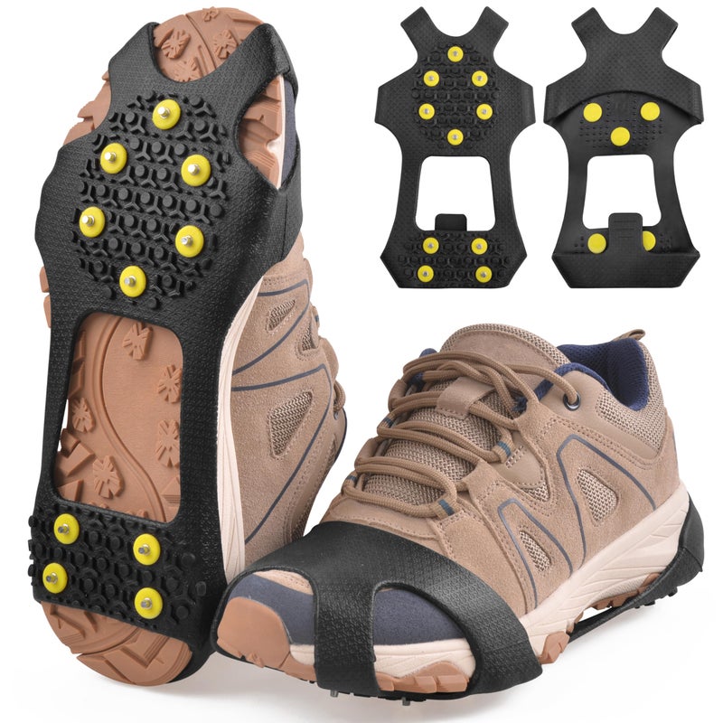 FUSIGO Ice Cleats Snow Traction Cleats, 10-Studs Walk Traction Cleats Crampons for Walking on Snow and Ice Anti Slip Rubber Walking Cleats Slip-on Stretch Footwear for Women Men Kids (Size L) - Image 1