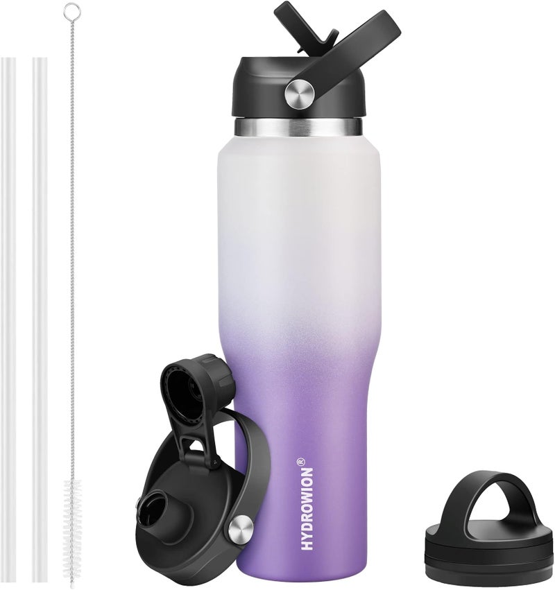 40 oz Insulated Water Bottle with Straw fit in Car Cup HolderCold 48 hrs Hot 24 hrs Drinking Bottle with Straw Lid Spout Lid and Flex Cap Leakproof Travel Thermo MugWhite  Purple