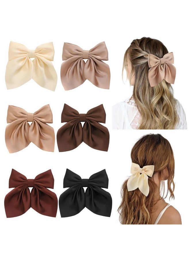 Seiolieliou 6Pcs Hair Bows for Women, Bow Hair Clips, Silky Satin Hair Bows for Girls, Neutral Colors Hair Ribbon, Cute Bow Clips for Women, Hair Accessories Christmas Gifts - Image 1