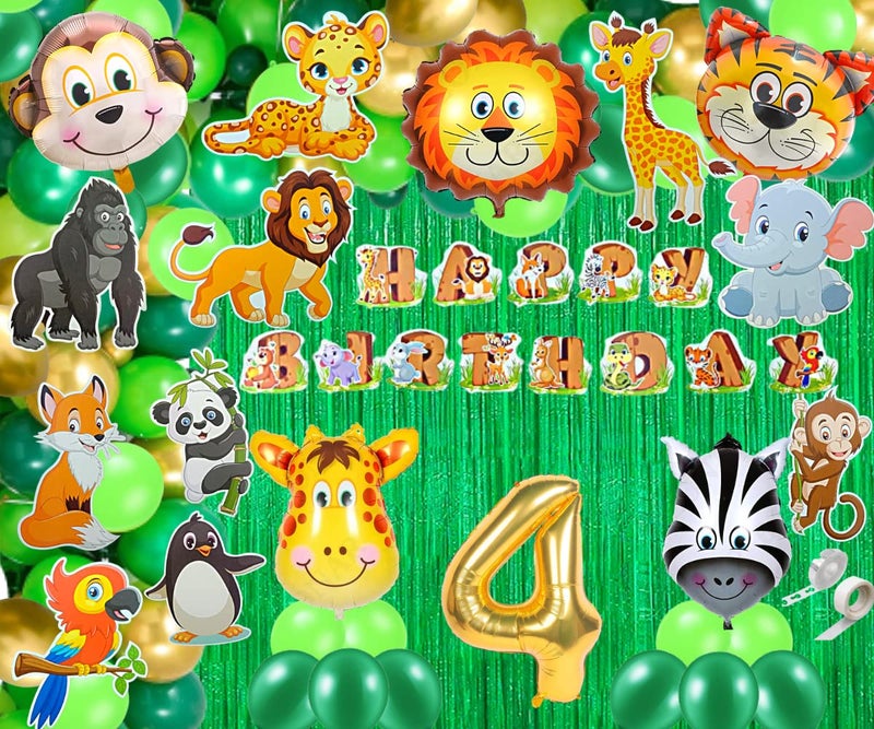 FI - FLICK IN Latex & Paper 76 Pcs Animal Theme 4th Birthday Decoration For Boys Jungle Theme Birthday Decoration (Pack of 76, Multicolor) - Image 1